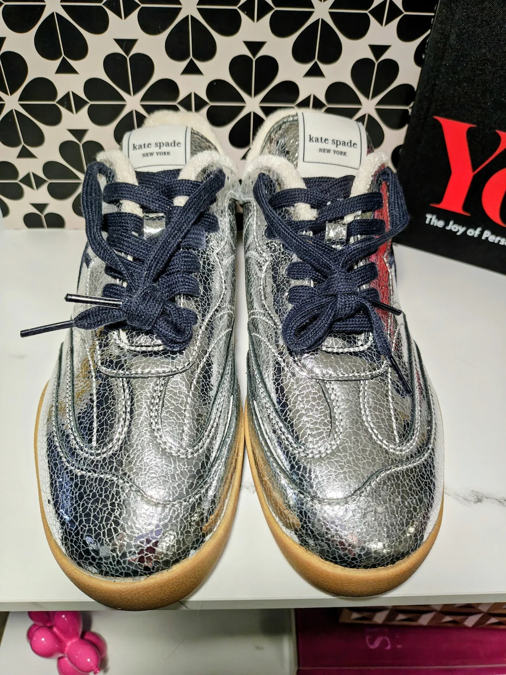 NEW!  Kate Spade Silver Crackle Leather Sneakers with Navy Laces Sells For $228.